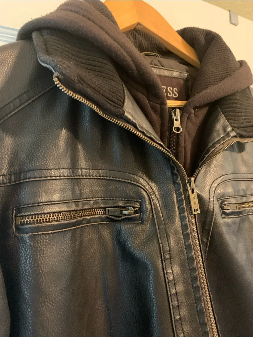 GUESS Brown Leather Bomber Jacket with Hooded Liner